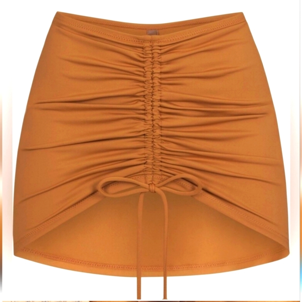 NWT SKIMS SIGNATURE SWIM Ruched Mini Skirt Almond Plus 3X